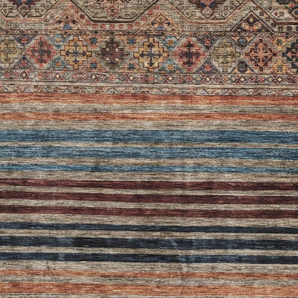 HomeRoots 8' X 10' Washable Area Rug with Taupe Brown & Blue Stripes - Durable, UV-Protected, Pet-Friendly Design 695760