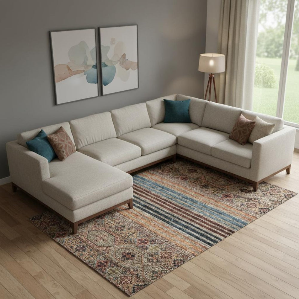 HomeRoots 9' X 12' Taupe Brown & Blue Striped Area Rug - Washable, UV Protected, Stain Resistant for Homes 695761