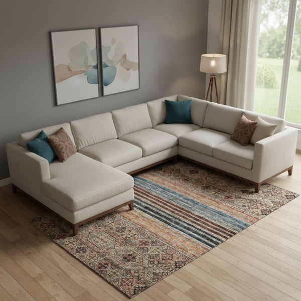 HomeRoots 9' X 12' Taupe Brown & Blue Striped Area Rug - Washable, UV Protected, Stain Resistant for Homes 695761