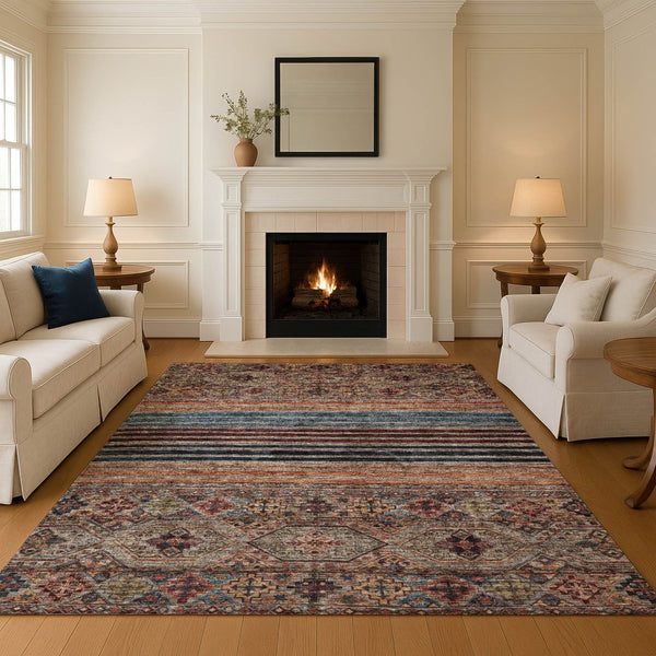 HomeRoots 9' X 12' Taupe Brown & Blue Striped Area Rug - Washable, UV Protected, Stain Resistant for Homes 695761