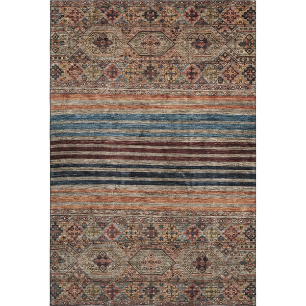 HomeRoots 9' X 12' Taupe Brown & Blue Striped Area Rug - Washable, UV Protected, Stain Resistant for Homes 695761
