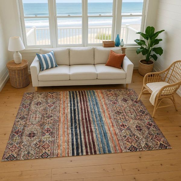 HomeRoots 9' X 12' Taupe Brown & Blue Striped Area Rug - Washable, UV Protected, Stain Resistant for Homes 695761
