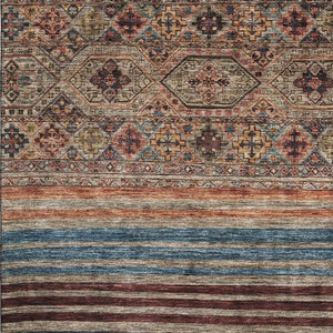 HomeRoots 9' X 12' Taupe Brown & Blue Striped Area Rug - Washable, UV Protected, Stain Resistant for Homes 695761