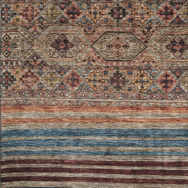 HomeRoots 9' X 12' Taupe Brown & Blue Striped Area Rug - Washable, UV Protected, Stain Resistant for Homes 695761