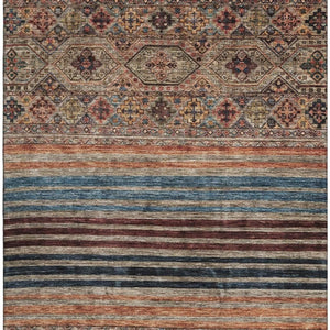 HomeRoots 9' X 12' Taupe Brown & Blue Striped Area Rug - Washable, UV Protected, Stain Resistant for Homes 695761
