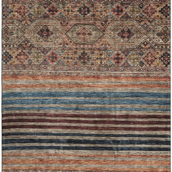HomeRoots 9' X 12' Taupe Brown & Blue Striped Area Rug - Washable, UV Protected, Stain Resistant for Homes 695761