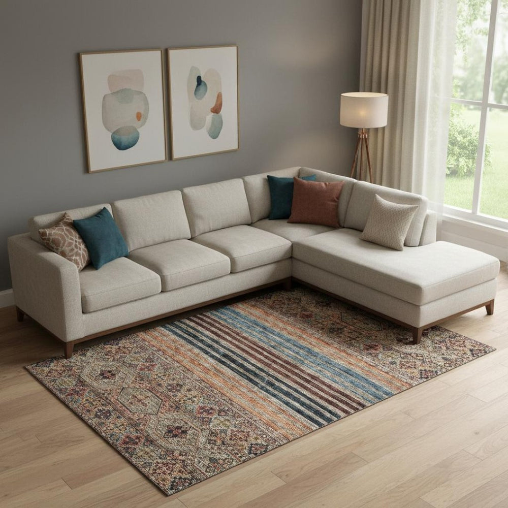 HomeRoots 10' X 14' Taupe Brown & Blue Striped Washable Area Rug – Soft, Durable, UV Protected for High-Traffic Homes 695762