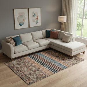 HomeRoots 10' X 14' Taupe Brown & Blue Striped Washable Area Rug – Soft, Durable, UV Protected for High-Traffic Homes 695762