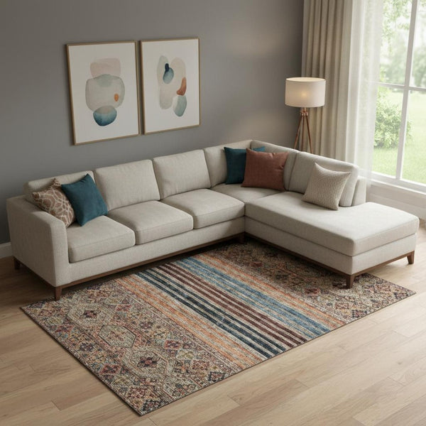 HomeRoots 10' X 14' Taupe Brown & Blue Striped Washable Area Rug – Soft, Durable, UV Protected for High-Traffic Homes 695762