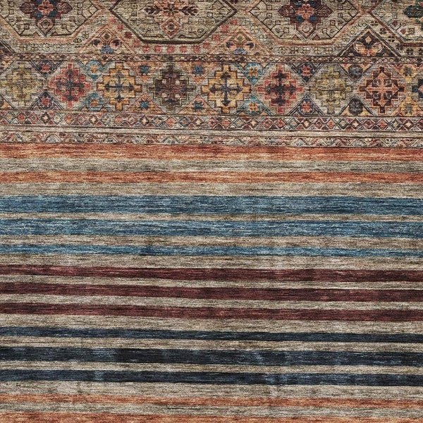 HomeRoots 10' X 14' Taupe Brown & Blue Striped Washable Area Rug – Soft, Durable, UV Protected for High-Traffic Homes 695762