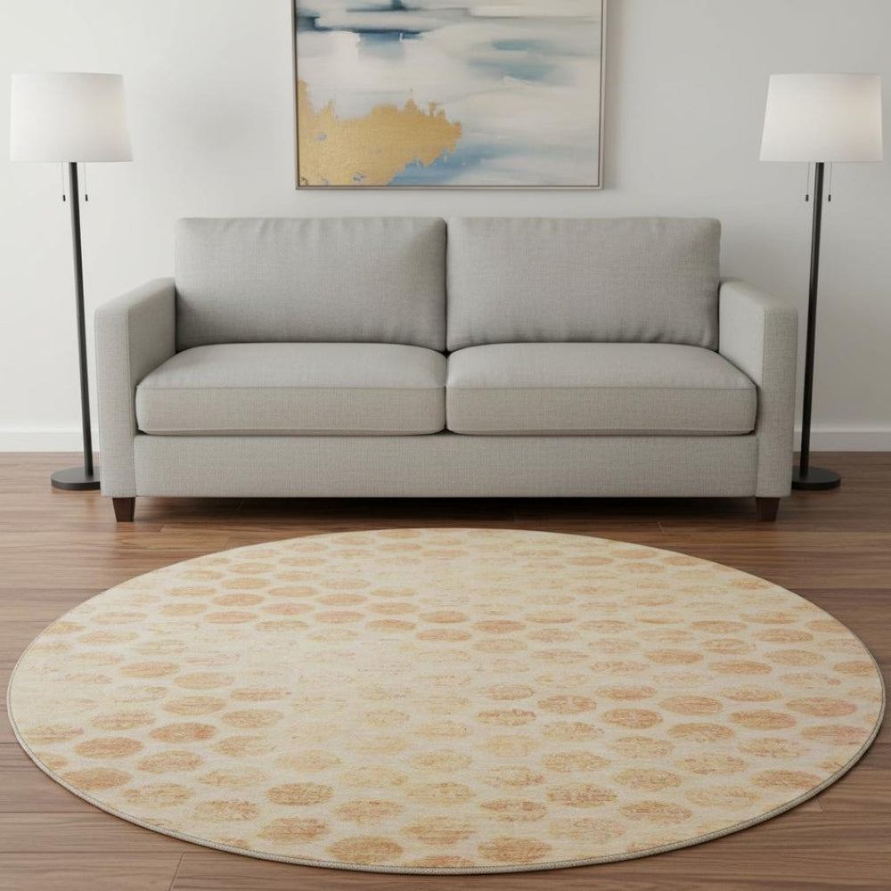 HomeRoots 8' Peach and Ivory Geometric Round Rug - Washable, UV-Protected, Durable, Ideal for Busy Homes 695765