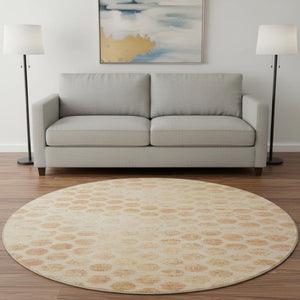 HomeRoots 8' Peach and Ivory Geometric Round Rug - Washable, UV-Protected, Durable, Ideal for Busy Homes 695765