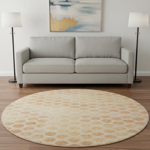 HomeRoots 8' Peach and Ivory Geometric Round Rug - Washable, UV-Protected, Durable, Ideal for Busy Homes 695765