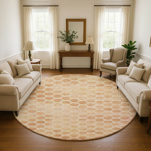 HomeRoots 8' Peach and Ivory Geometric Round Rug - Washable, UV-Protected, Durable, Ideal for Busy Homes 695765