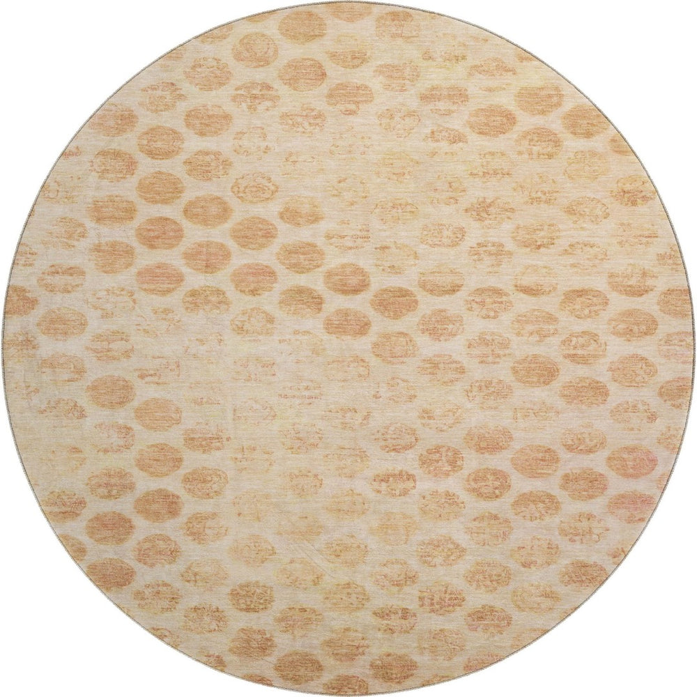 HomeRoots 8' Peach and Ivory Geometric Round Rug - Washable, UV-Protected, Durable, Ideal for Busy Homes 695765