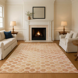HomeRoots 9' X 12' Peach and Ivory Geometric Area Rug – Washable, UV-Protected, Stain-Resistant, Non-Slip Design 695767