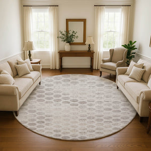 HomeRoots 8' Taupe and Beige Geometric Round Rug - Stylish, Washable, Stain Resistant with UV Protection! 695771