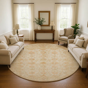 HomeRoots 8' Beige and Copper Oriental Round Rug - Washable, UV-Protected, Stylish, and Stain-Resistant Design! 695777
