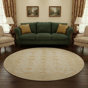HomeRoots 8' Beige and Copper Oriental Round Rug - Washable, UV-Protected, Stylish, and Stain-Resistant Design! 695777