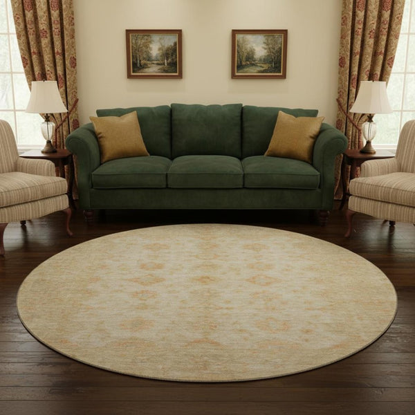HomeRoots 8' Beige and Copper Oriental Round Rug - Washable, UV-Protected, Stylish, and Stain-Resistant Design! 695777