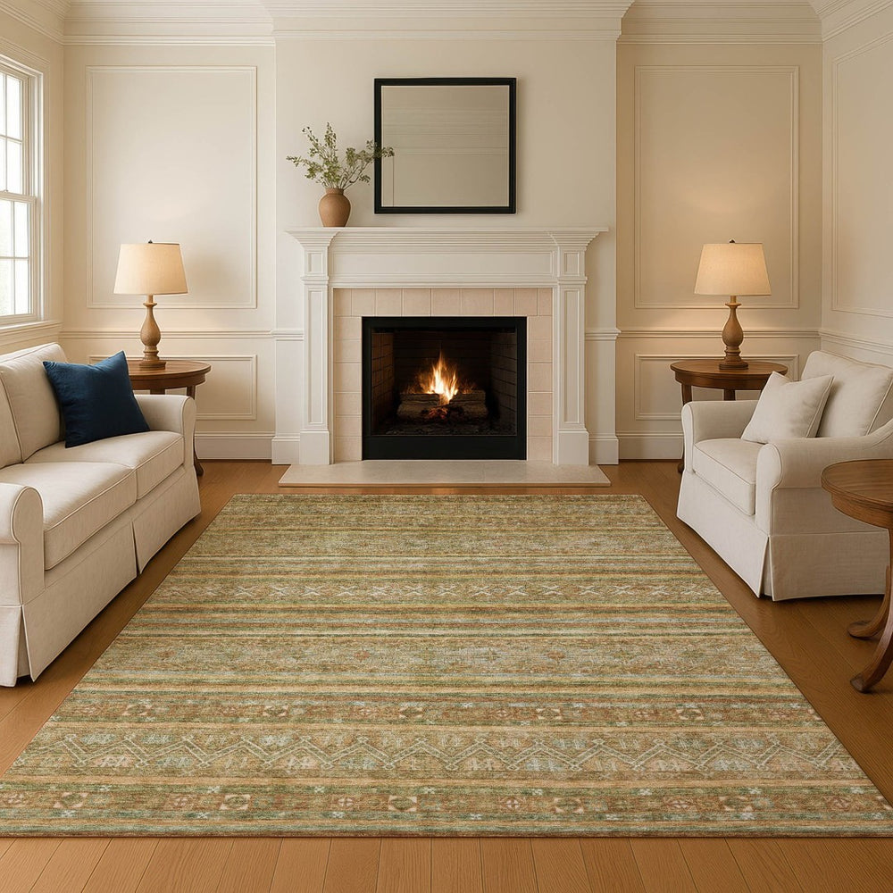 HomeRoots 5' X 8' Artichoke Green Gold Gray Striped Area Rug - Washable, UV-Protected for High-Traffic Spaces 695782