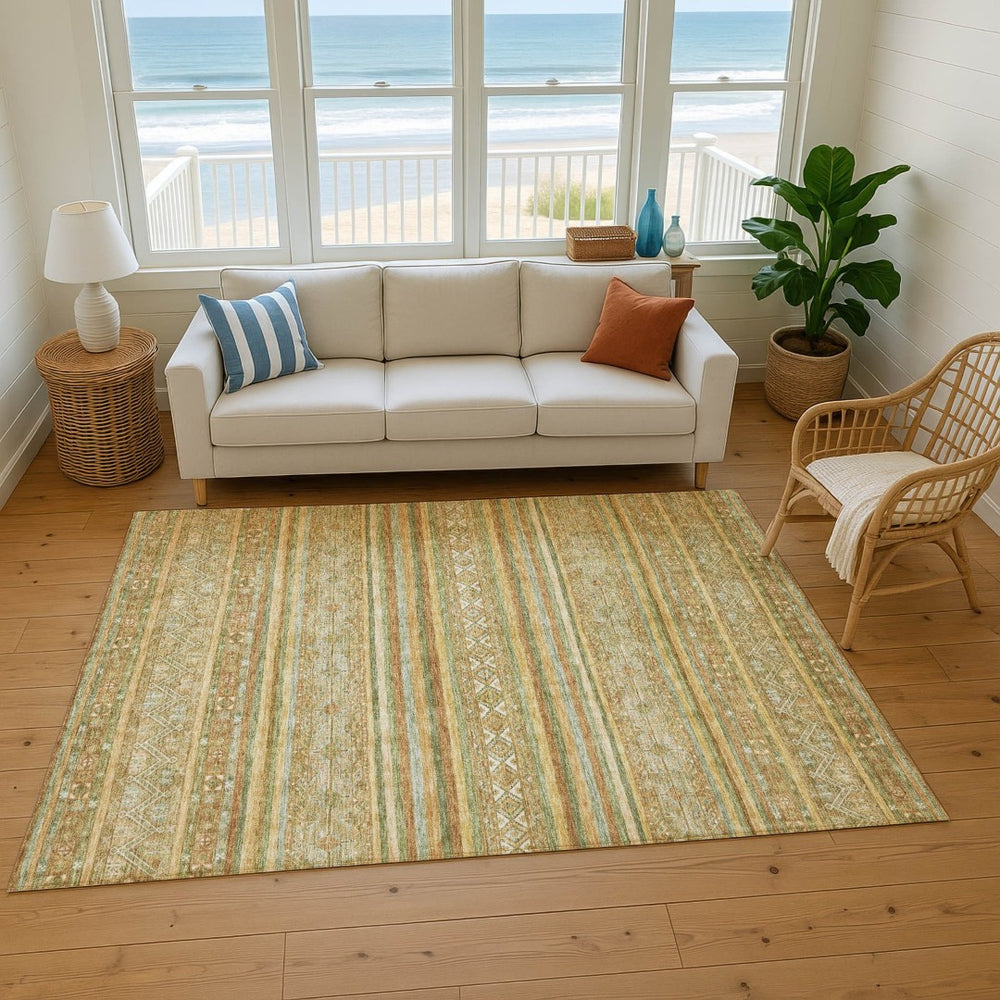 HomeRoots 5' X 8' Artichoke Green Gold Gray Striped Area Rug - Washable, UV-Protected for High-Traffic Spaces 695782