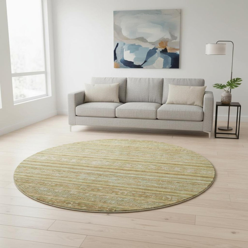 HomeRoots 8' Artichoke Green Gold Gray Striped Washable Round Rug - Durable UV Protected for Indoor & Outdoor Use 695783