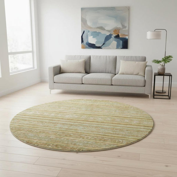 HomeRoots 8' Artichoke Green Gold Gray Striped Washable Round Rug - Durable UV Protected for Indoor & Outdoor Use 695783