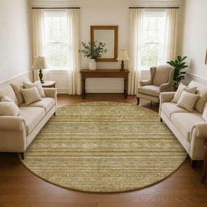 HomeRoots 8' Artichoke Green Gold Gray Striped Washable Round Rug - Durable UV Protected for Indoor & Outdoor Use 695783