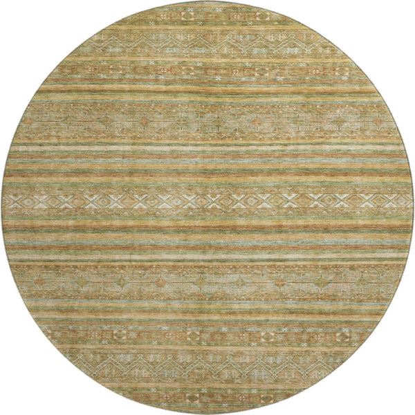 HomeRoots 8' Artichoke Green Gold Gray Striped Washable Round Rug - Durable UV Protected for Indoor & Outdoor Use 695783