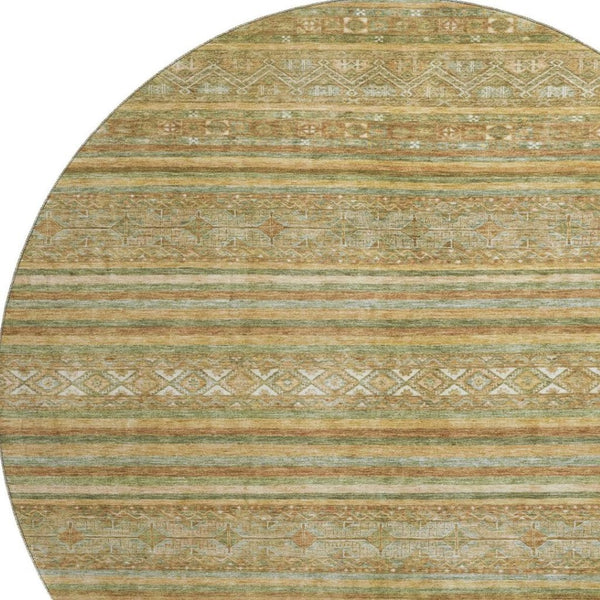 HomeRoots 8' Artichoke Green Gold Gray Striped Washable Round Rug - Durable UV Protected for Indoor & Outdoor Use 695783