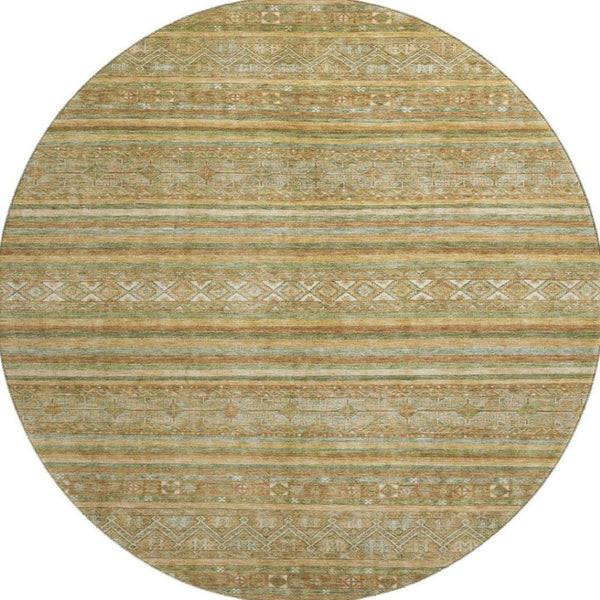 HomeRoots 8' Artichoke Green Gold Gray Striped Washable Round Rug - Durable UV Protected for Indoor & Outdoor Use 695783