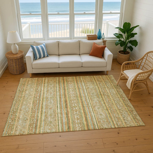 HomeRoots 8' X 10' Artichoke Green Striped Area Rug – Washable, UV Protected, Stain-Resistant, Stylish & Durable 695784