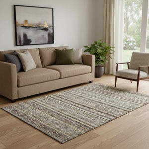 HomeRoots 5' X 8' Striped Washable Area Rug in Brown, Gray & Silver - UV Protected, Non-Slip for Busy Homes 695788