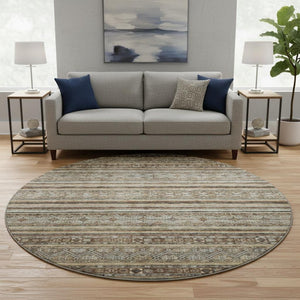 HomeRoots 8' Stylish Brown, Gray & Silver Striped Washable Round Rug with UV Protection for Family Spaces 695789