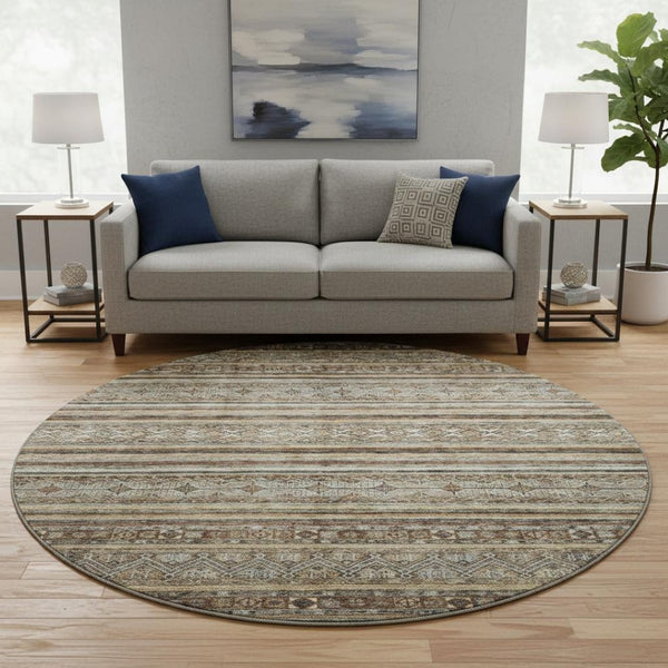HomeRoots 8' Stylish Brown, Gray & Silver Striped Washable Round Rug with UV Protection for Family Spaces 695789