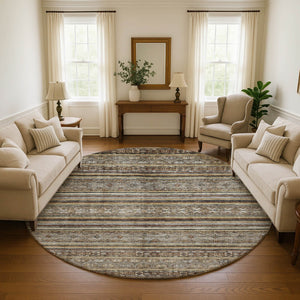 HomeRoots 8' Stylish Brown, Gray & Silver Striped Washable Round Rug with UV Protection for Family Spaces 695789