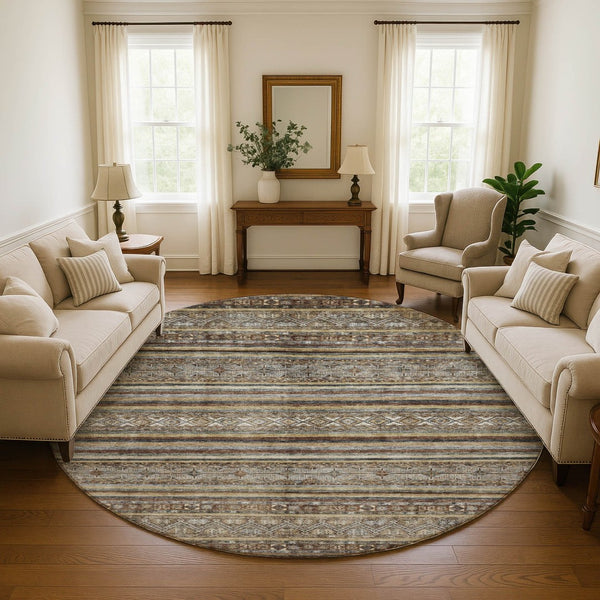 HomeRoots 8' Stylish Brown, Gray & Silver Striped Washable Round Rug with UV Protection for Family Spaces 695789