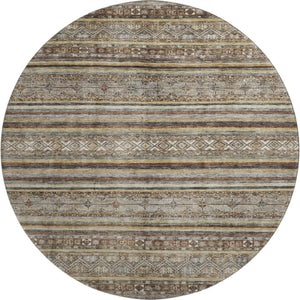 HomeRoots 8' Stylish Brown, Gray & Silver Striped Washable Round Rug with UV Protection for Family Spaces 695789