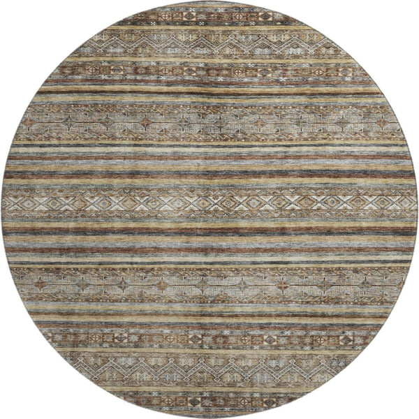 HomeRoots 8' Stylish Brown, Gray & Silver Striped Washable Round Rug with UV Protection for Family Spaces 695789