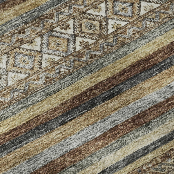 HomeRoots 8' Stylish Brown, Gray & Silver Striped Washable Round Rug with UV Protection for Family Spaces 695789