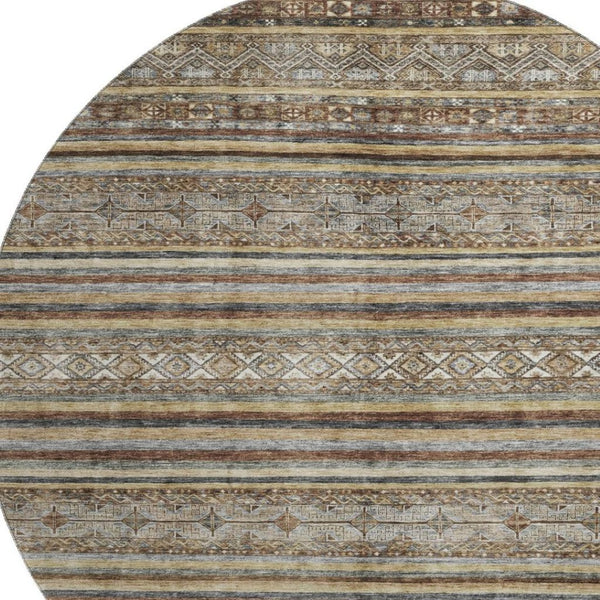 HomeRoots 8' Stylish Brown, Gray & Silver Striped Washable Round Rug with UV Protection for Family Spaces 695789