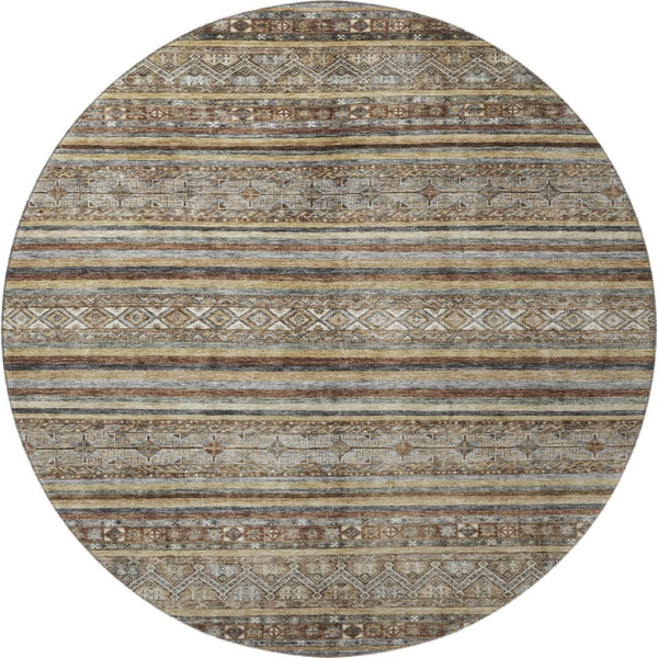 HomeRoots 8' Stylish Brown, Gray & Silver Striped Washable Round Rug with UV Protection for Family Spaces 695789