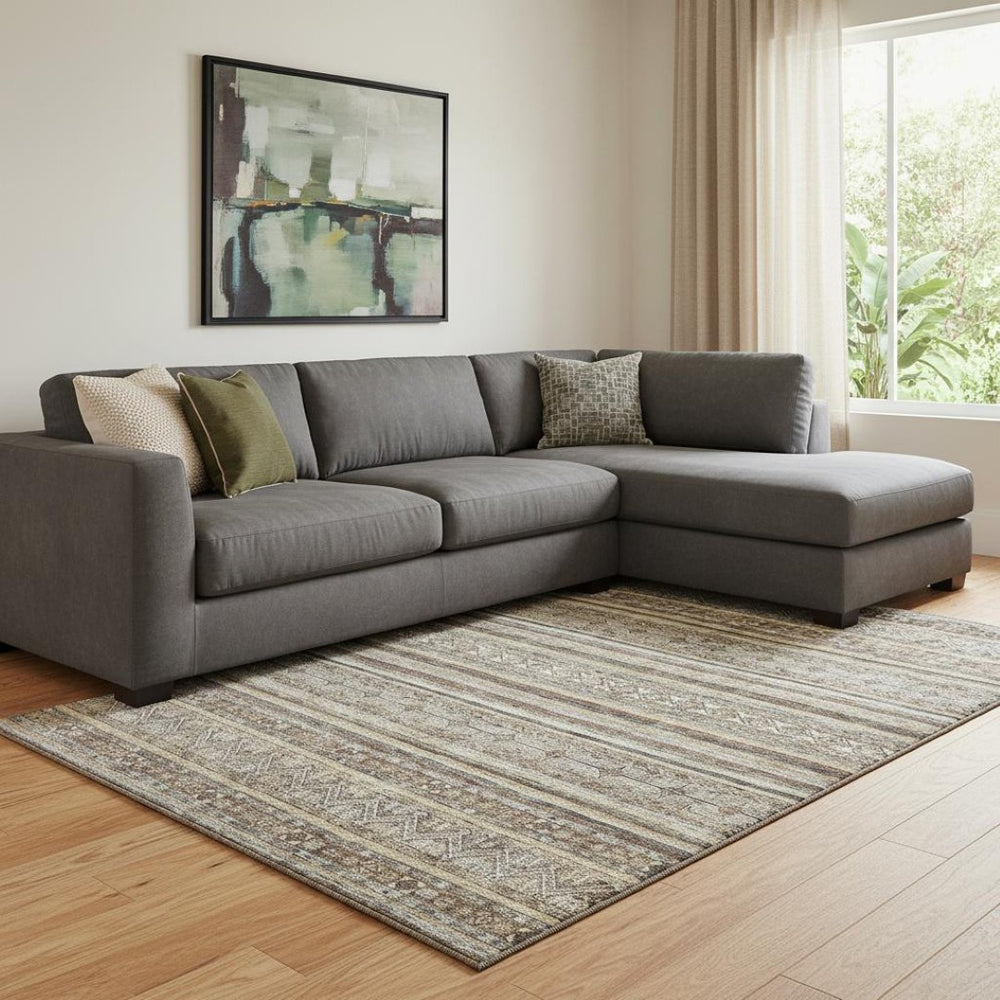 HomeRoots 8' X 10' Stylish Brown, Gray & Silver Striped Washable Area Rug with UV Protection for Durability 695790