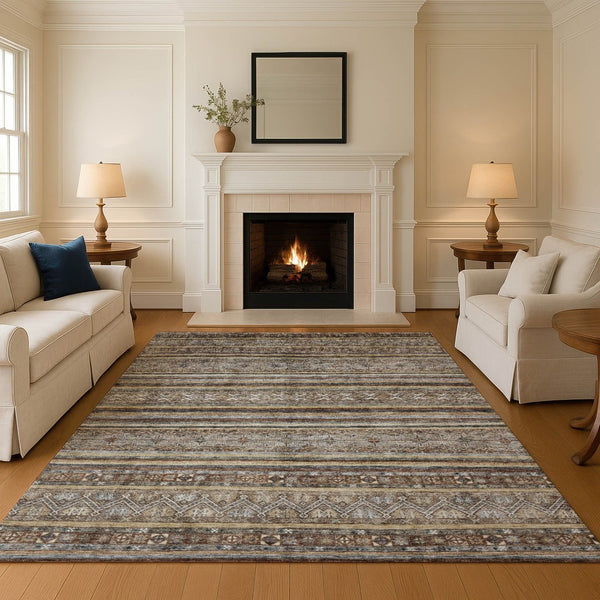 HomeRoots 8' X 10' Stylish Brown, Gray & Silver Striped Washable Area Rug with UV Protection for Durability 695790