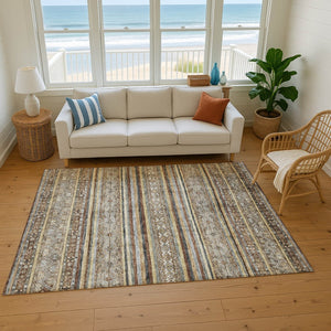 HomeRoots 8' X 10' Stylish Brown, Gray & Silver Striped Washable Area Rug with UV Protection for Durability 695790