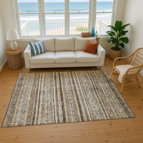 HomeRoots 8' X 10' Stylish Brown, Gray & Silver Striped Washable Area Rug with UV Protection for Durability 695790