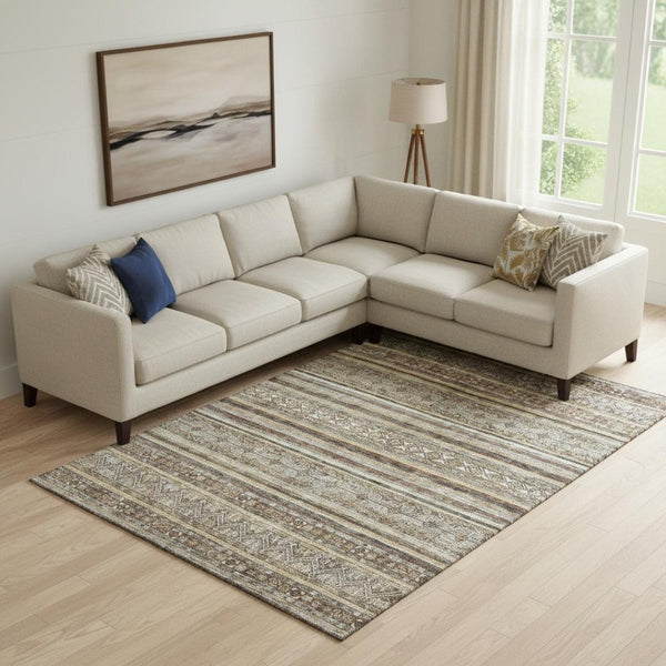 HomeRoots 9' X 12' Striped Area Rug in Brown, Gray & Silver - Washable, UV Protected, and Pet-Friendly Design 695791