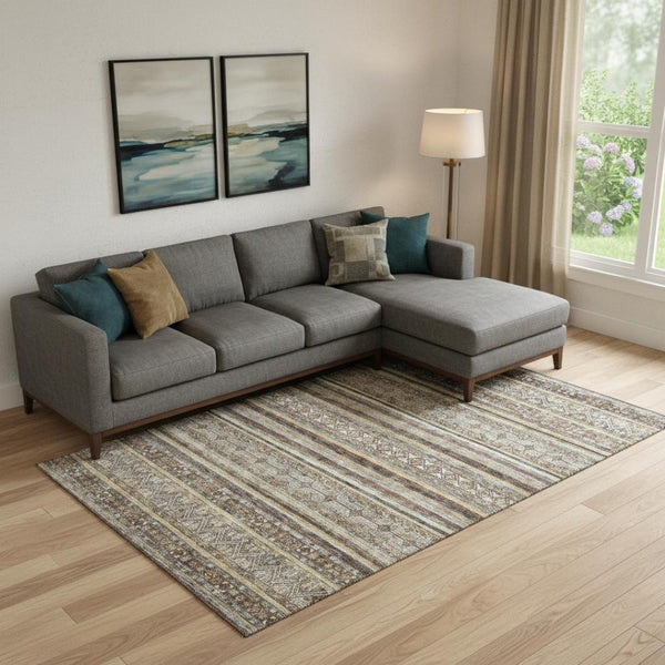 HomeRoots 10' X 14' Brown, Gray & Silver Striped Washable Area Rug with UV Protection for Family Spaces 695792