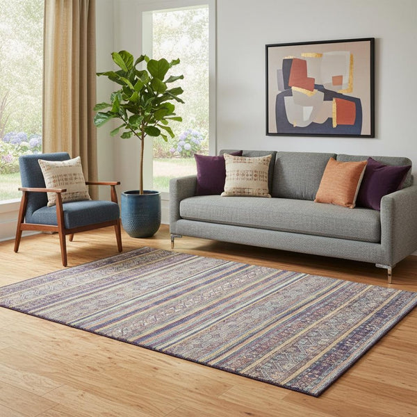 HomeRoots 5' X 8' Striped Washable Area Rug in Blue, Beige & Gray - Durable, UV-Protected & Family-Friendly Design 695794